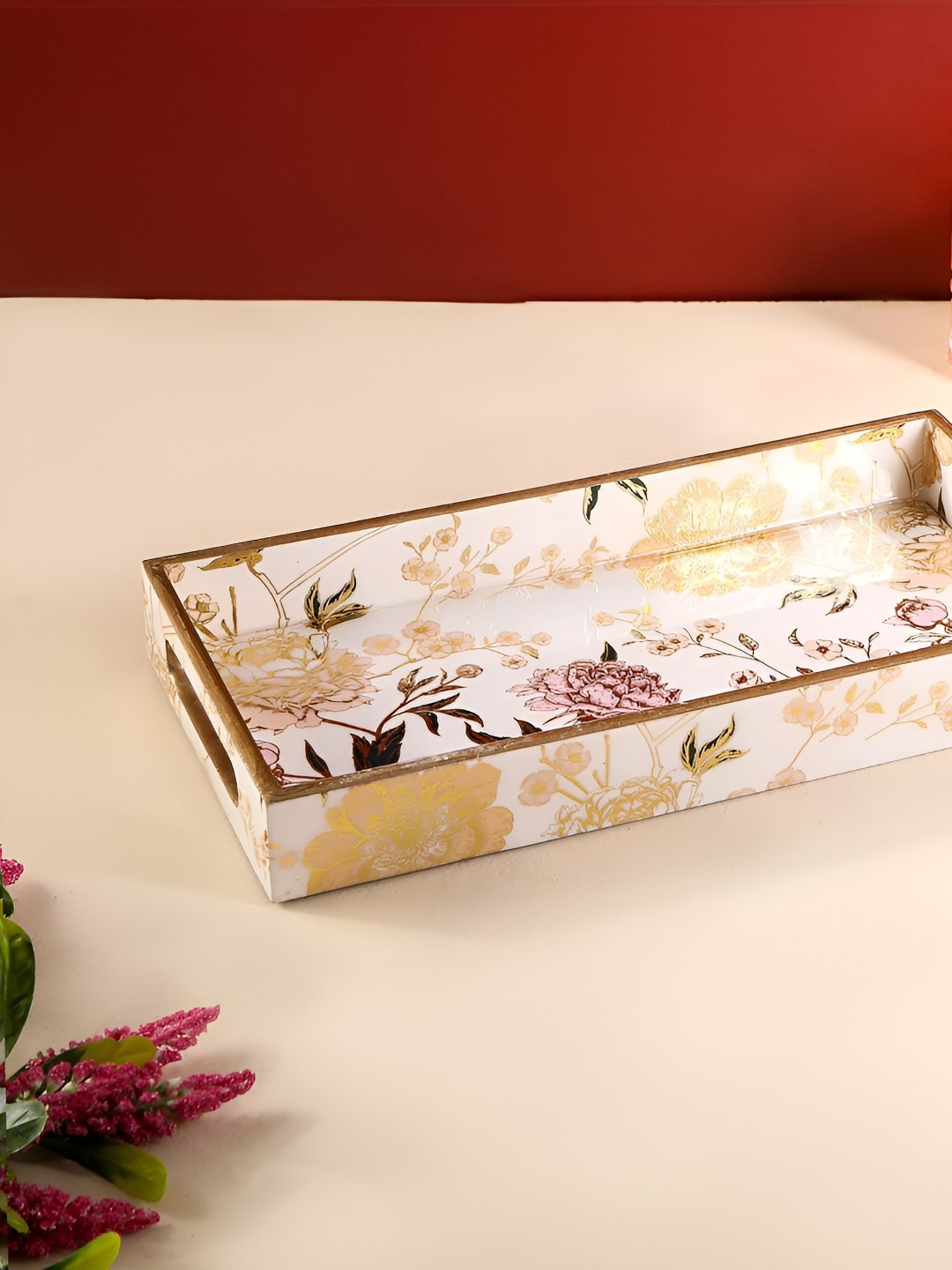 

THE HOME CO. White Floral Printed Wooden Serving Tray