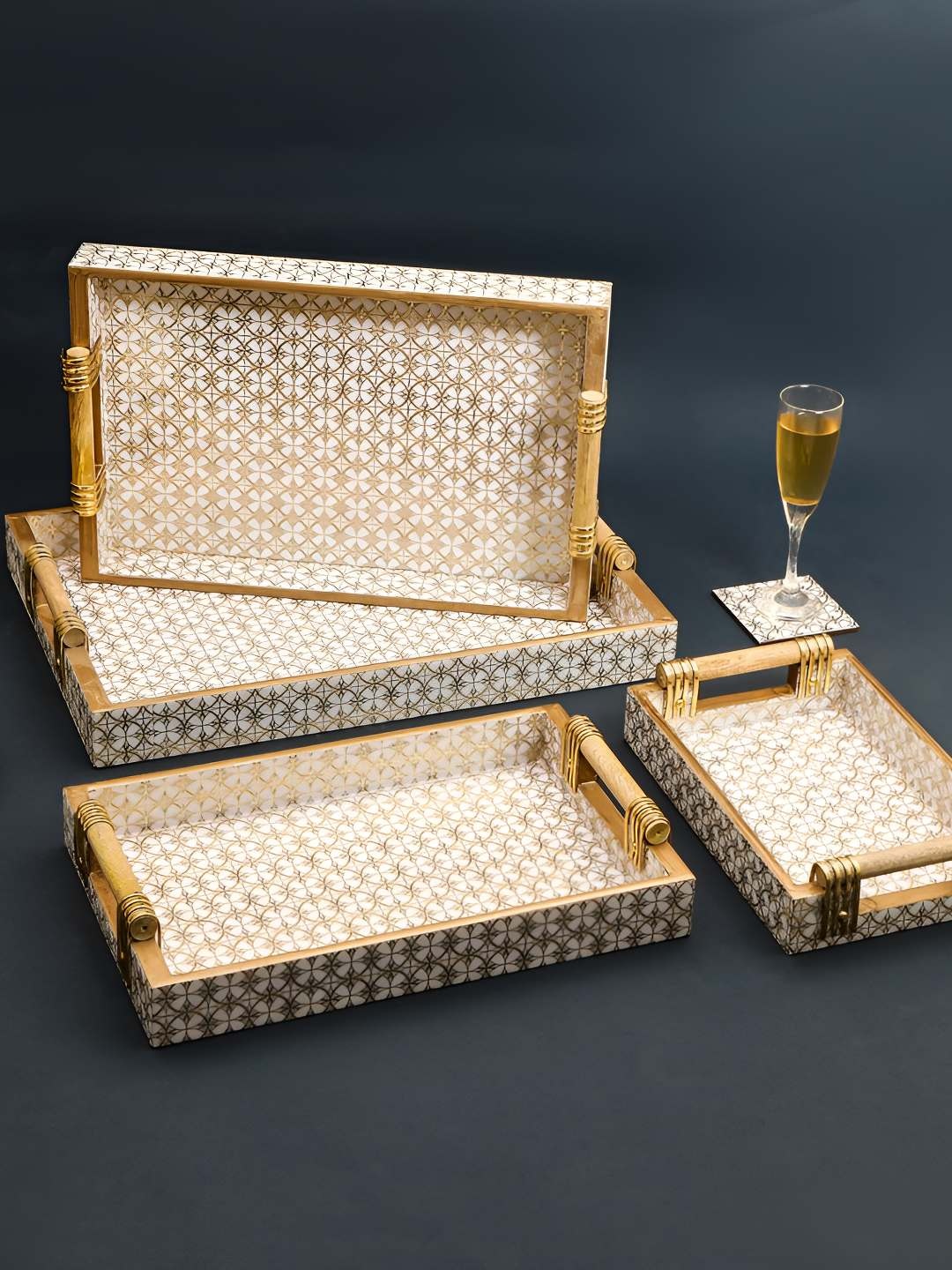 

THE HOME CO. White & Gold Toned 4 Pieces Geometric Printed Rectangle Wooden Serving Tray