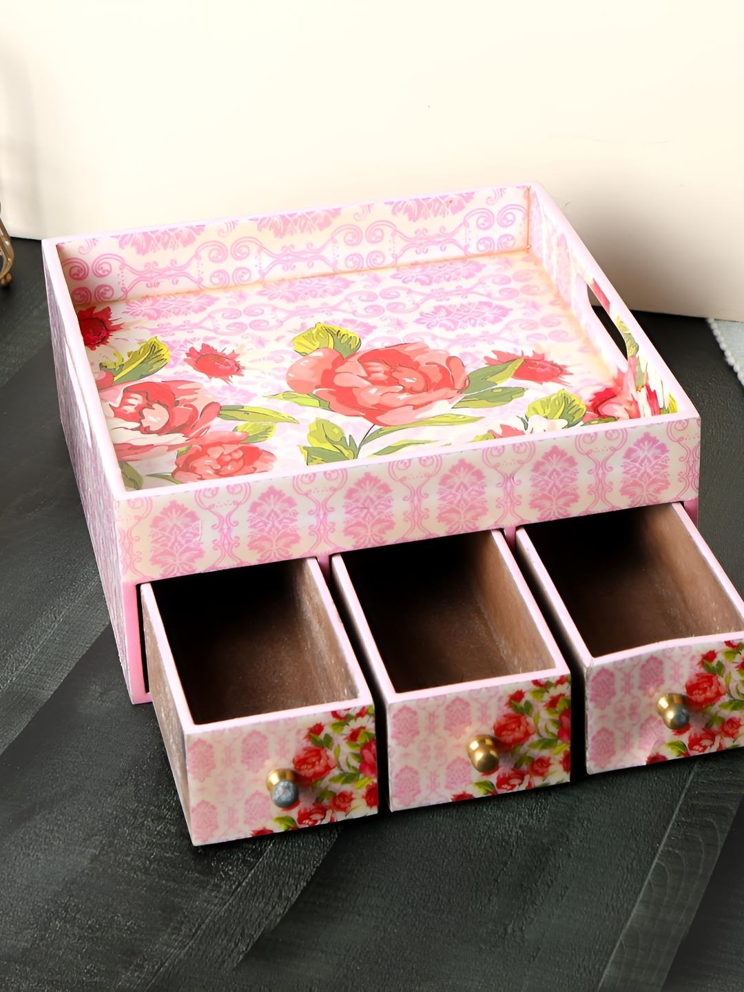

THE HOME CO. Pink & White Multi-Utility Wood Organisers With 3 Drawers
