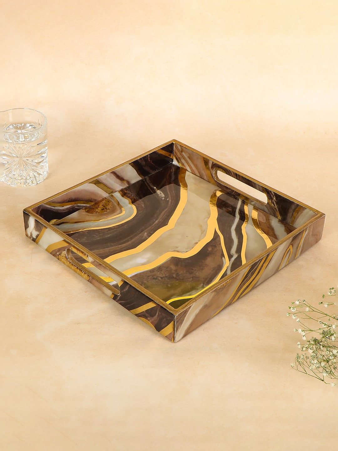 

THE HOME CO. Brown & Gold Toned Abstract Printed Square Wood Serving Trays