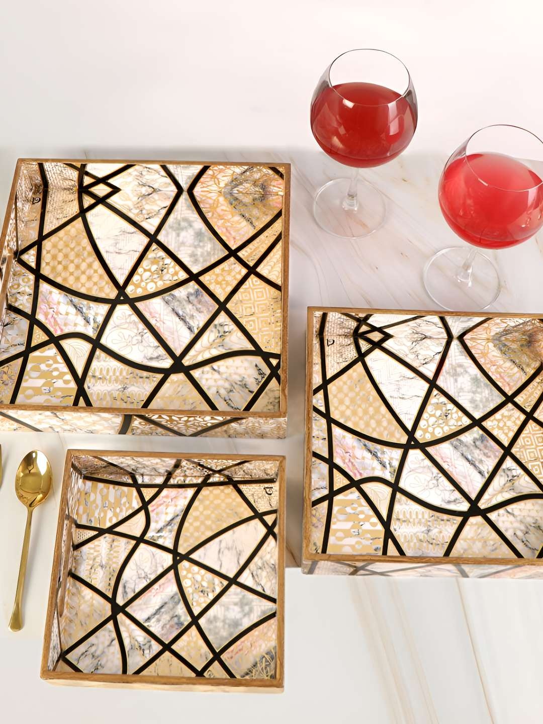 

THE HOME CO. Gold Toned & White Abstract Printed Wooden Square Serving Tray