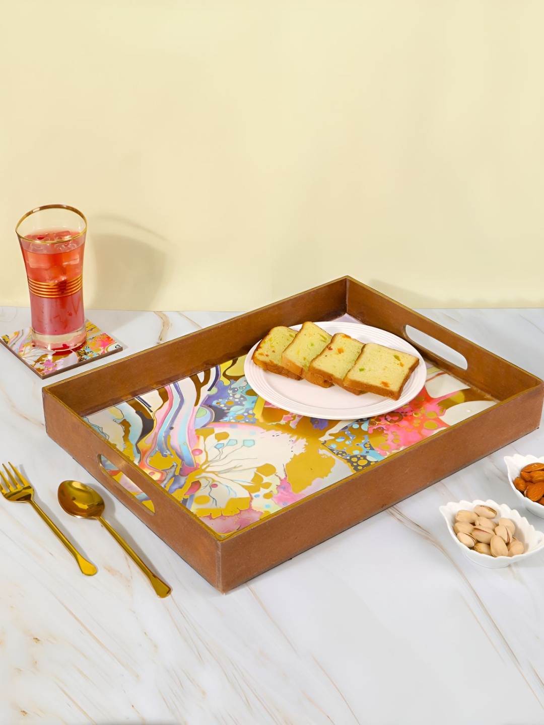 

THE HOME CO. White & Brown Abstract Printed Rectangle Wooden Serving Tray