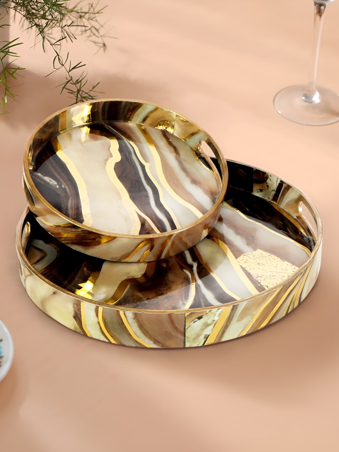 

THE HOME CO. Brown & Gold Toned 2 Pieces Floral Printed Marble Serving Trays