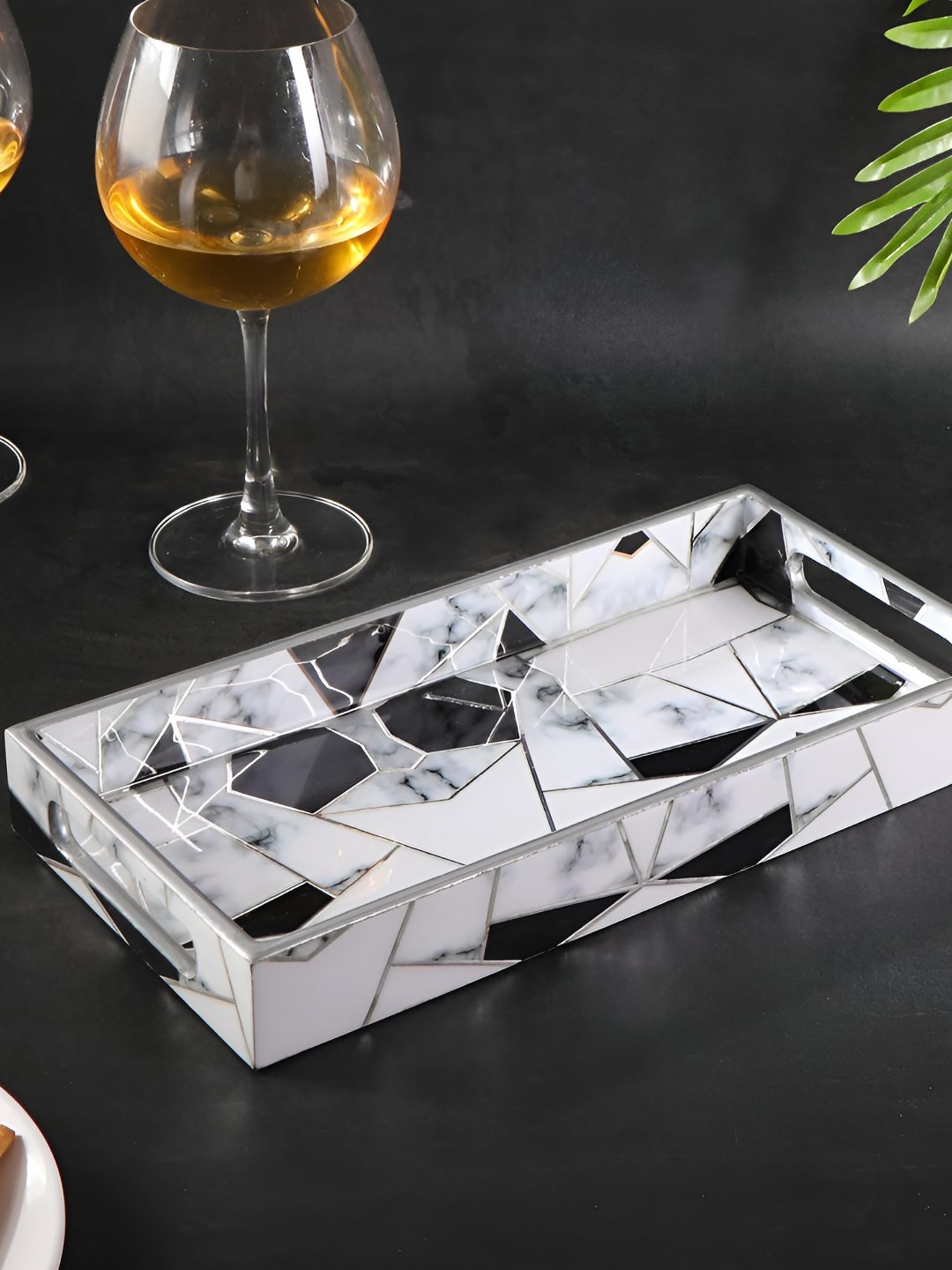 

THE HOME CO. White & Grey Geometric Printed Wooden Rectangle Serving Tray