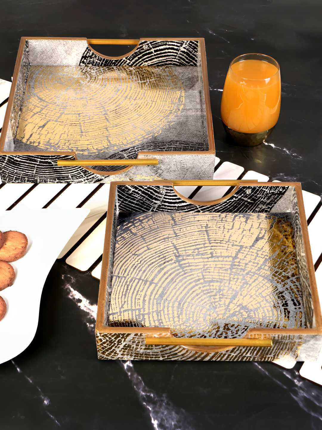 

THE HOME CO. Grey & Gold Toned 2 Pieces Abstract Printed Rectangle Wooden Serving Tray