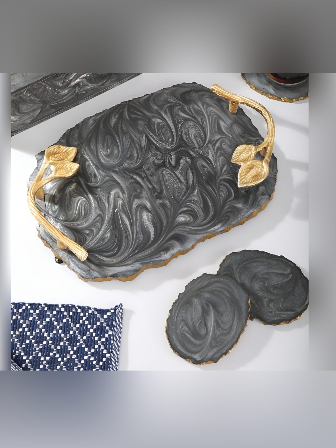 

THE HOME CO. Grey & Gold Toned Self-Design Serving Tray