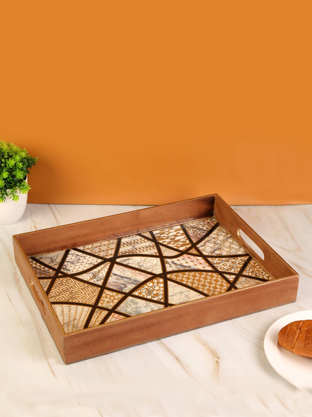 

THE HOME CO. Brown & Beige Abstract Printed Wood Serving Tray