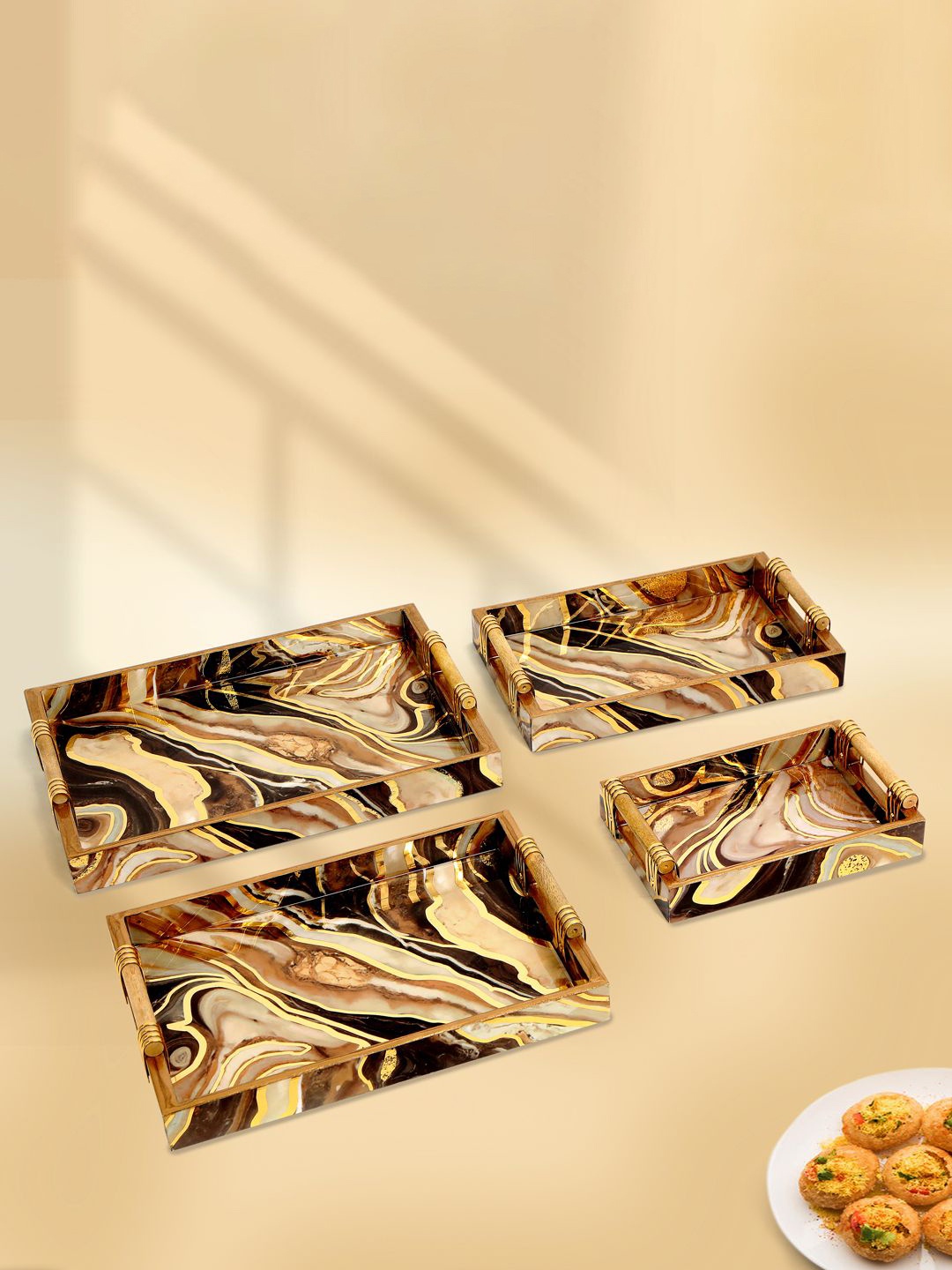 

THE HOME CO. Brown & Gold Toned Abstract Printed Wooden Rectangle Serving Tray