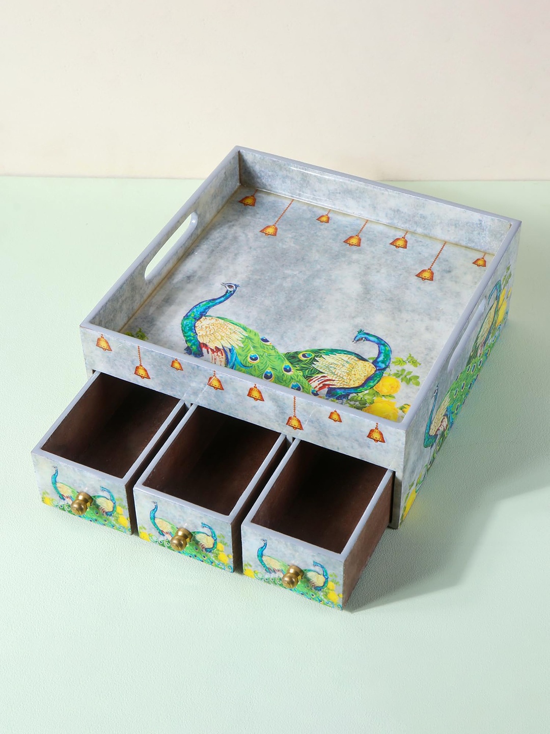 

THE HOME CO. Grey Wood Serving Tray With Three Drawers