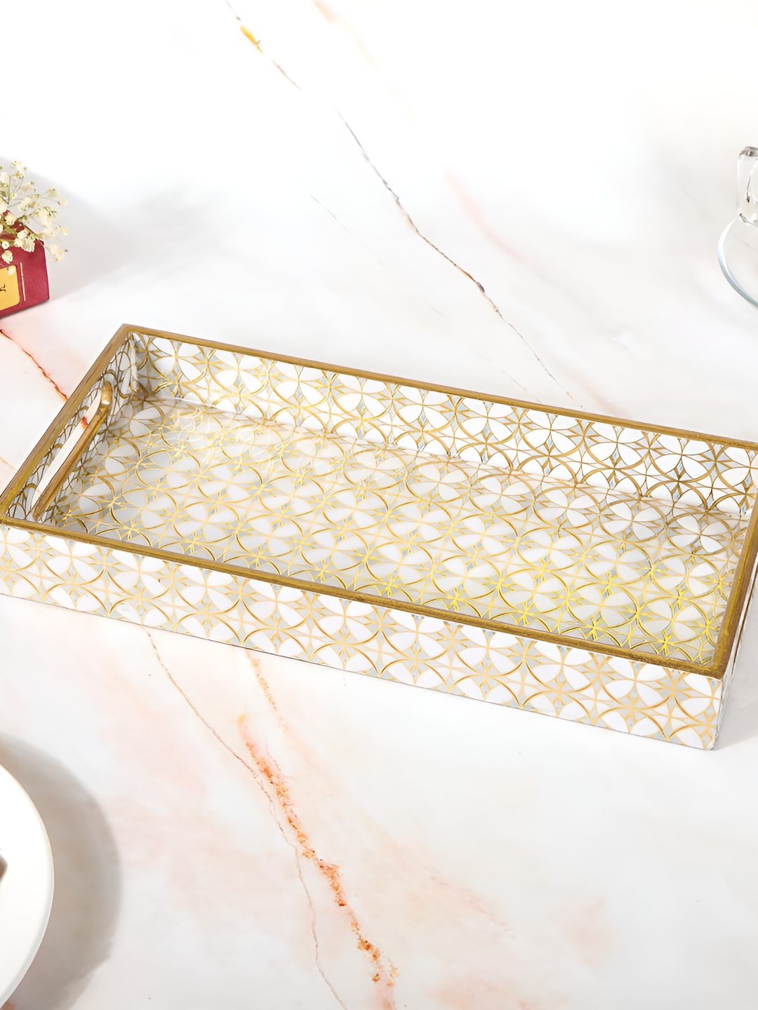 

THE HOME CO. White & Gold Toned Geometric Printed Wooden Serving Trays