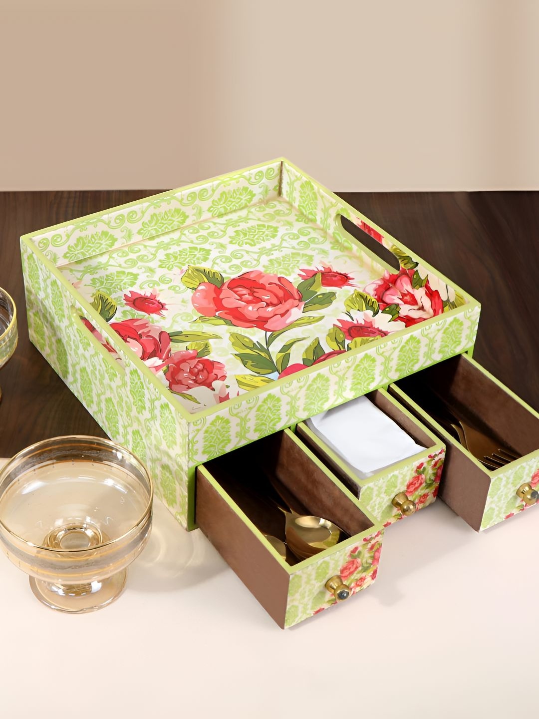 

THE HOME CO. Green & Pink Floral Printed Rectangle Wooden Serving Tray