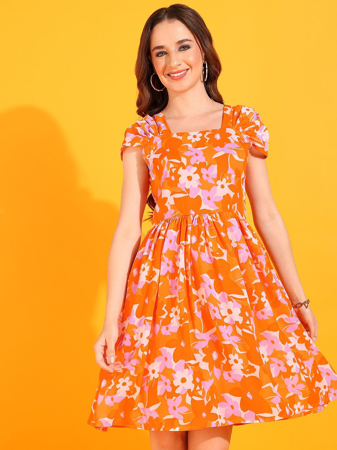 

DODO & MOA Orange Floral Print Puff Sleeves Georgette Fit & Flare Dress
