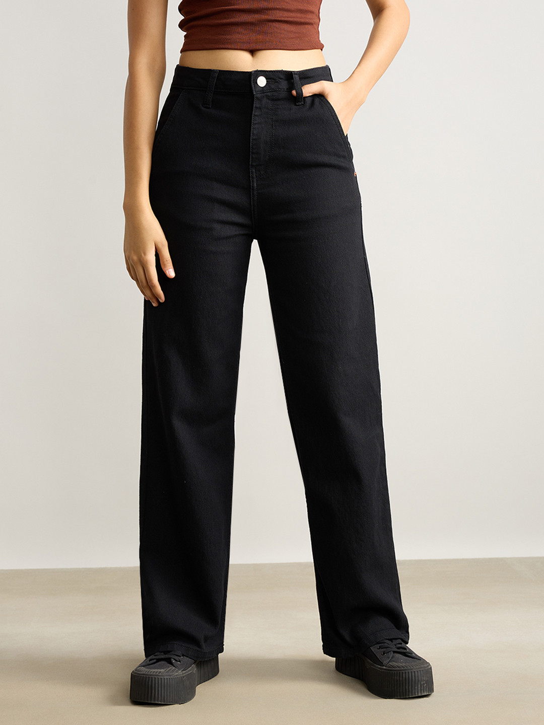 

FREAKINS Women Wide Leg Pure Cotton High-Rise Jeans, Black