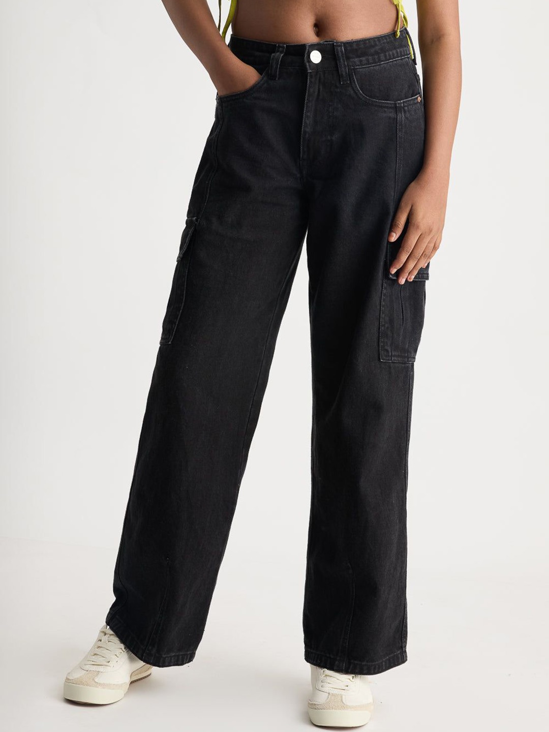 

FREAKINS Women Urban Straight Fit High-Rise Pure Cotton Cargo Jeans, Black