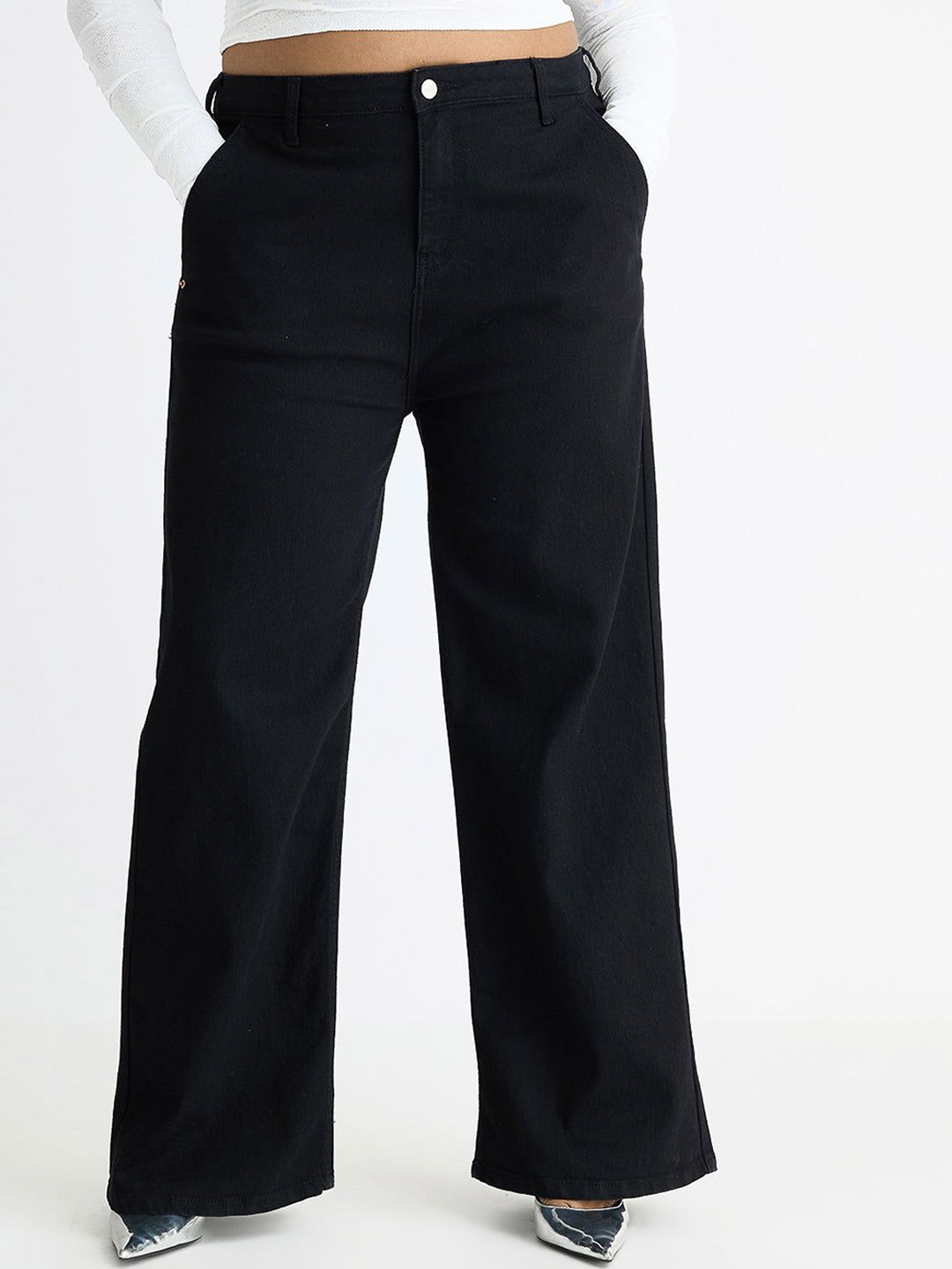 

FREAKINS Women Black Wide Leg High-Rise Clean Look Pure Cotton Jeans