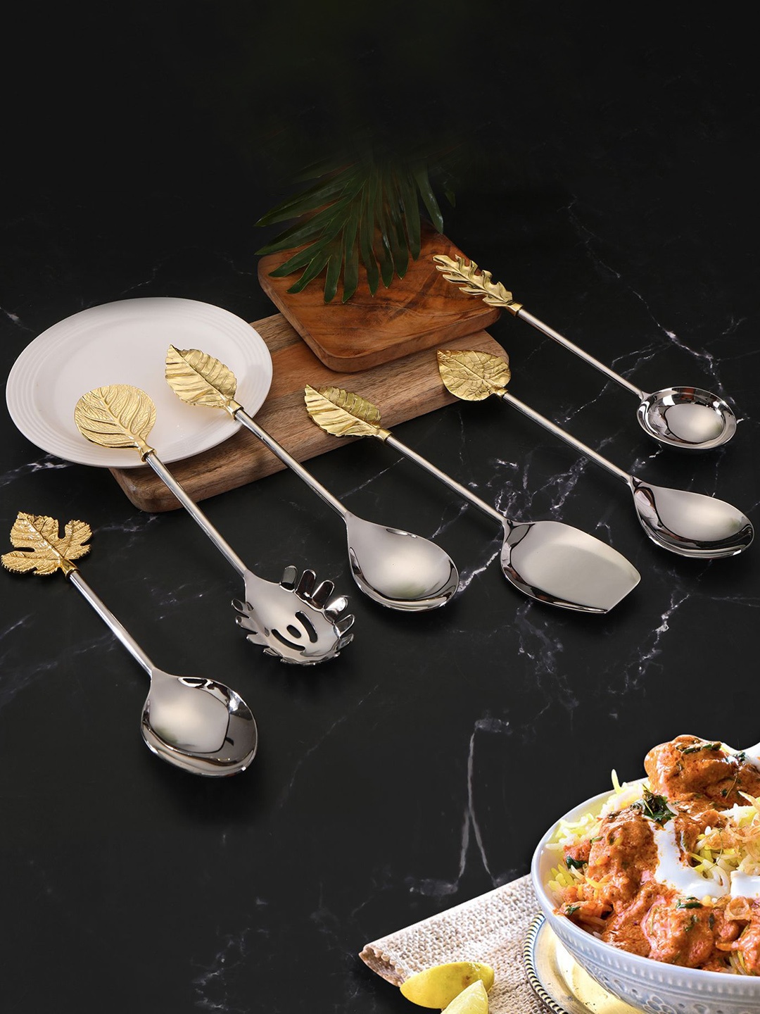 

THE HOME CO. Gold and Silver-Toned 6 Pieces Leaf shaped Stainless Steel Cutlery Set