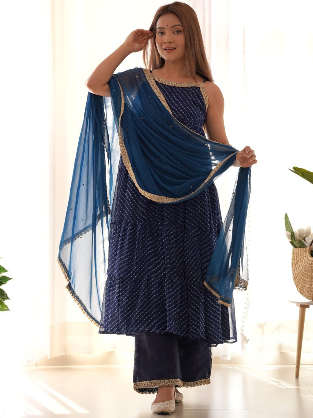 

Rangpur Leheriya Printed Regular Kurta with Palazzos & With Dupatta, Blue