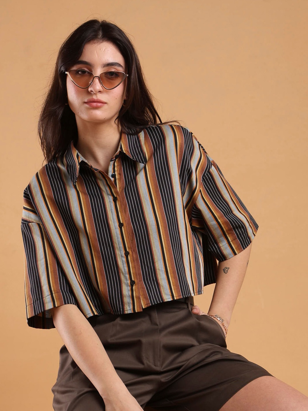 

Gazillion Relaxed Boxy Opaque Striped Casual Shirt, Brown