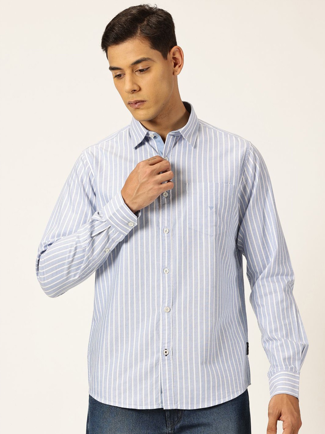 

Thomas Scott Premium Slim Fit Vertical Stripes Full Sleeves Pure Cotton Shirt, Blue