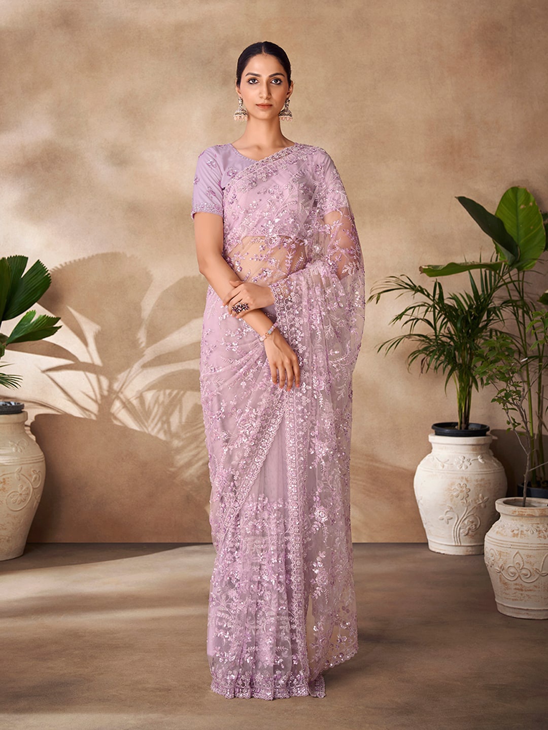 

Fusionic Ethnic Motifs Sequinned Net Saree, Lavender