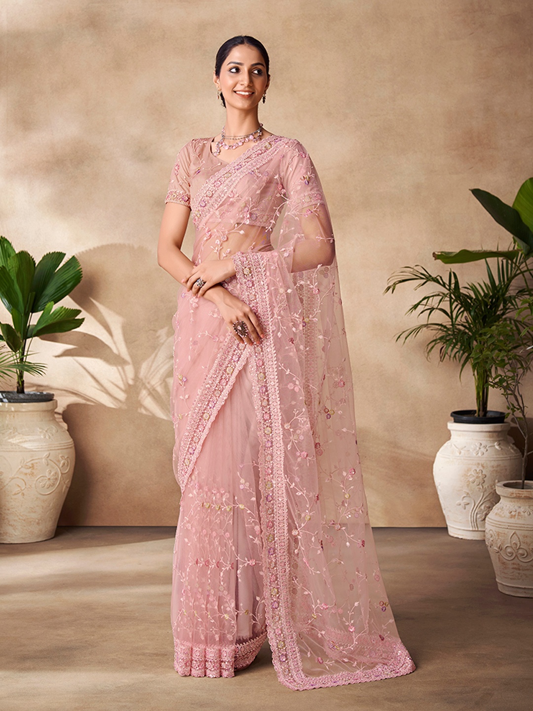 

Fusionic Embellished Sequinned Net Saree, Pink