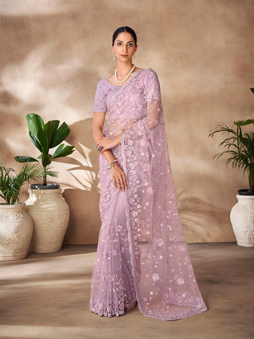 

Fusionic Ethnic Motifs Embroidered Sequinned Net Saree, Lavender