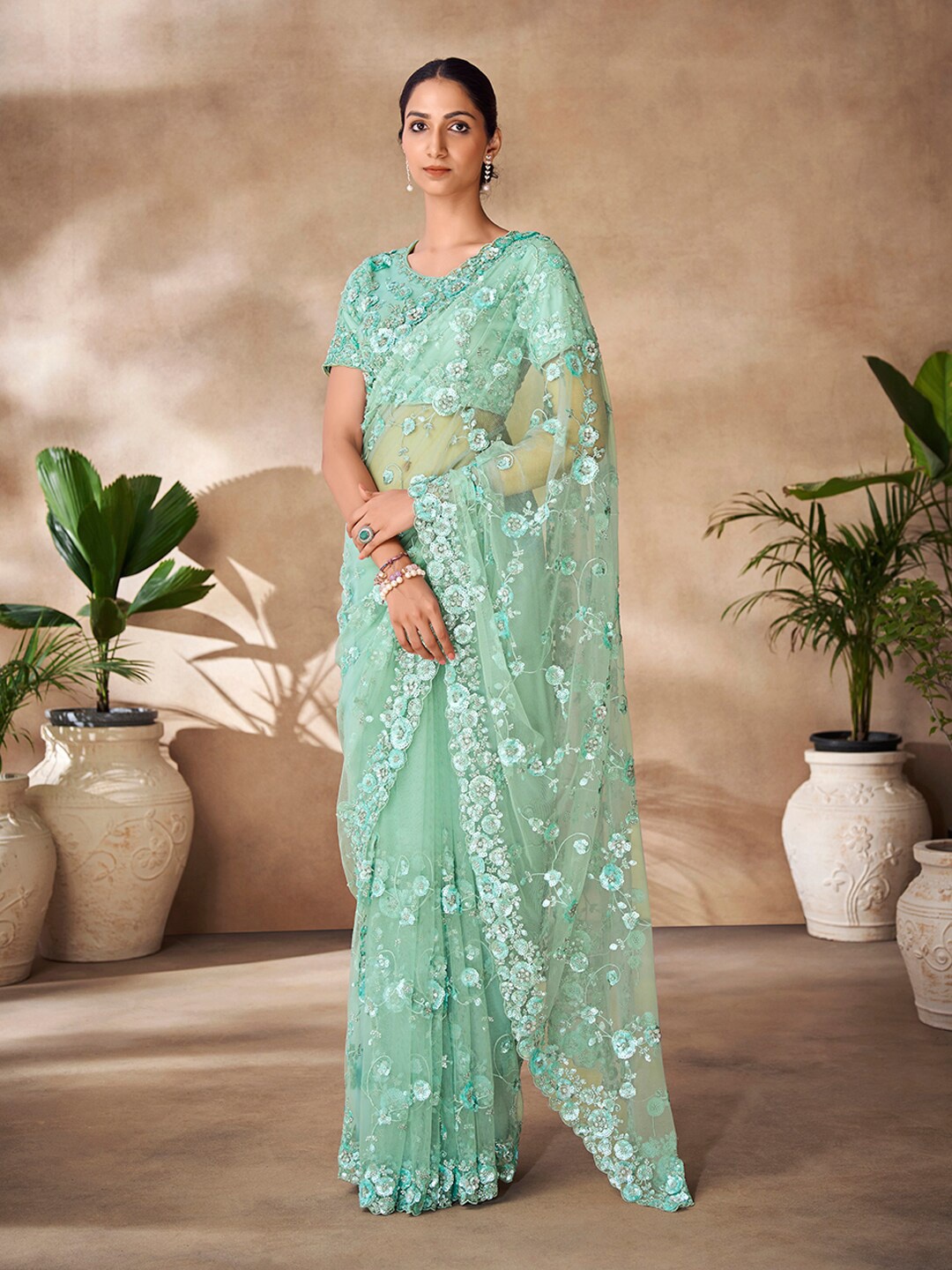 

Fusionic Floral Sequinned Net Saree, Sea green