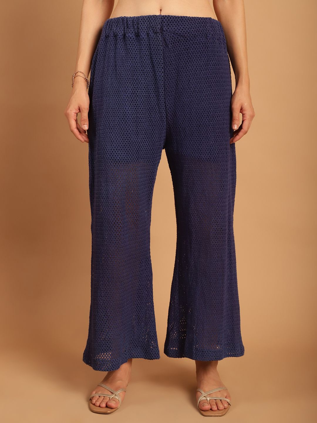 

TAG 7 Women Relaxed Straight Leg Mid-Rise Cotton Crotchet Bootcut Trousers, Blue