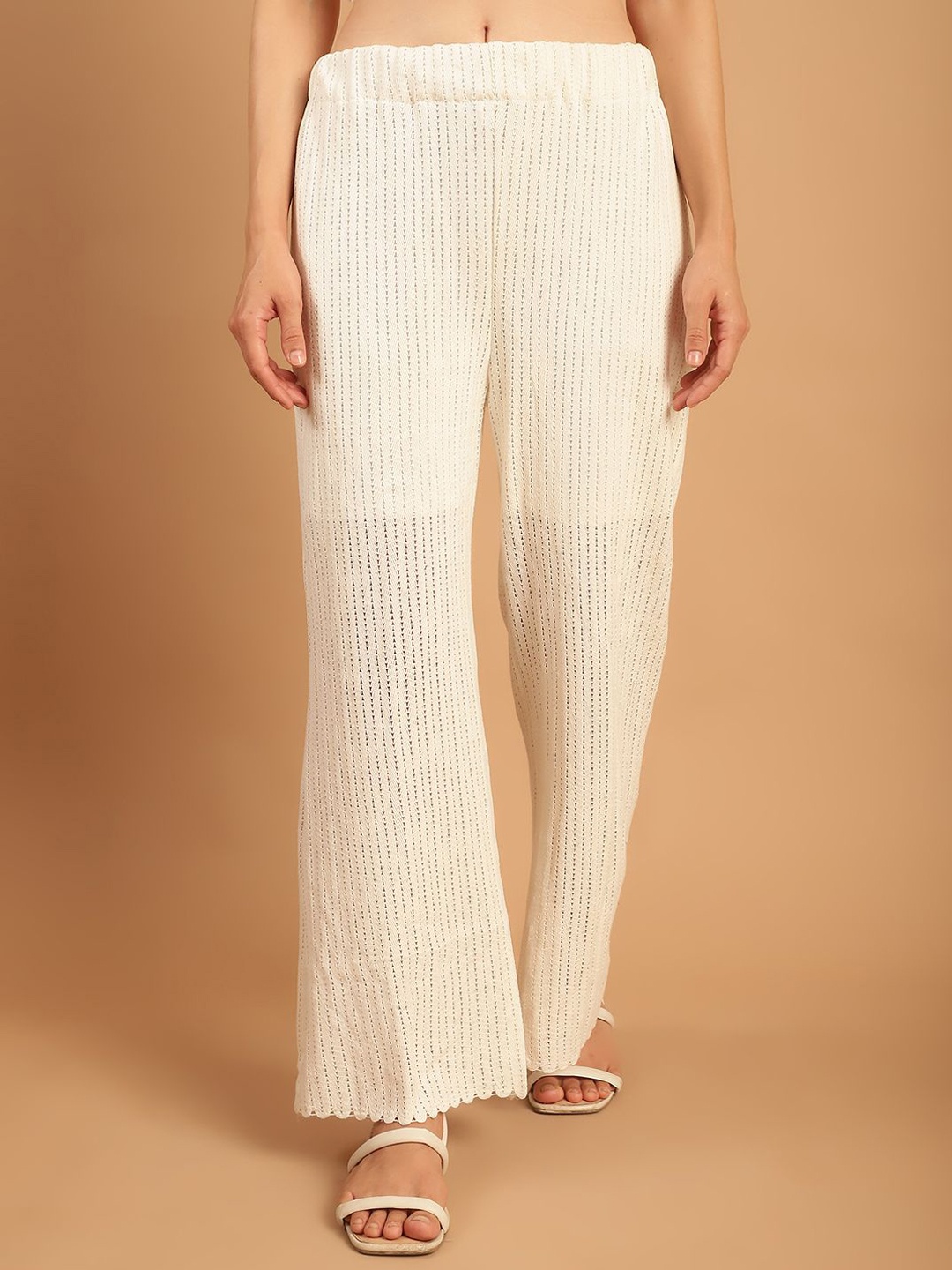 

TAG 7 Women Self Design Relaxed Straight Leg Crochet Cotton Parallel Trouser, White