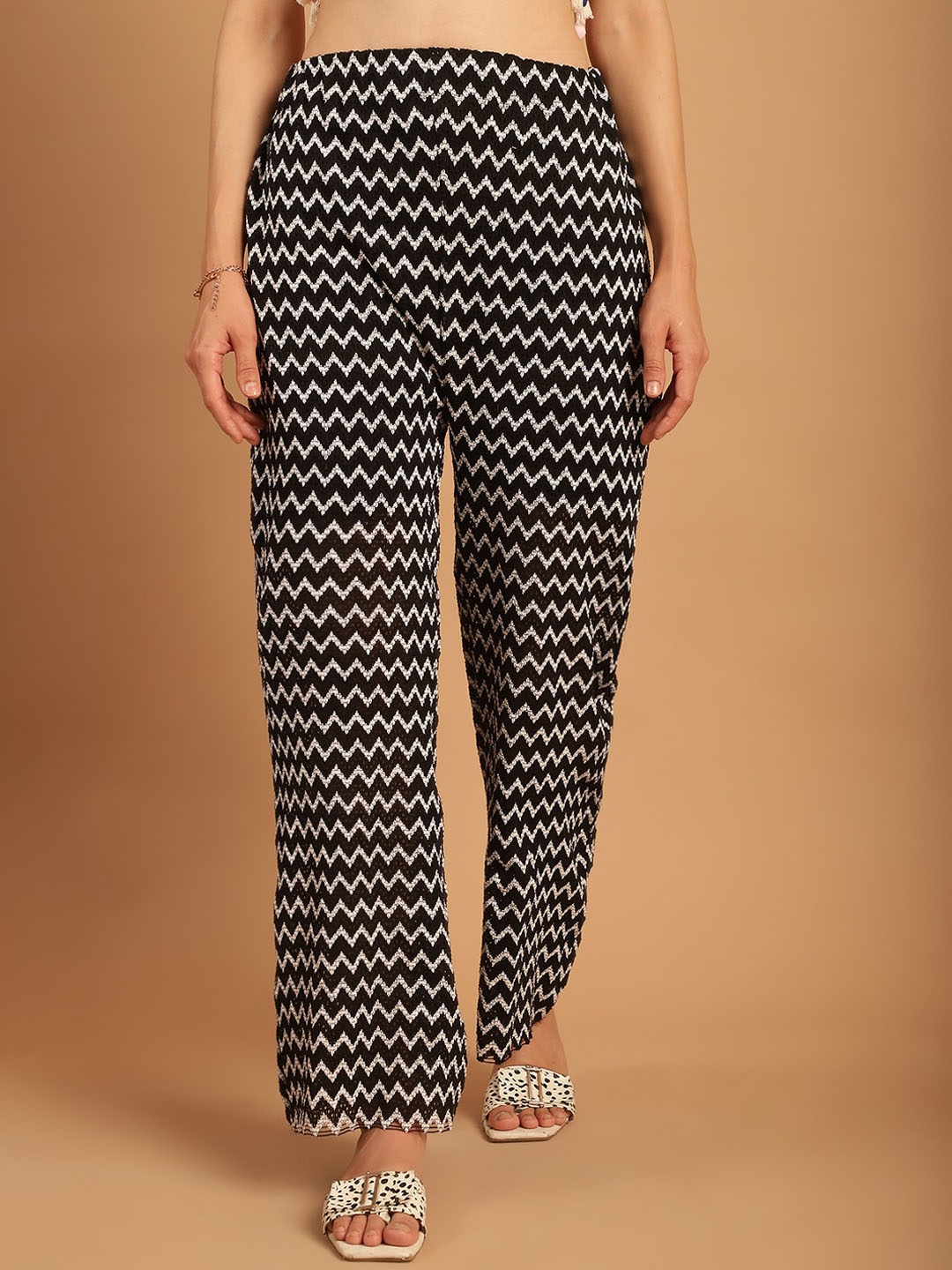 

TAG 7 Women Geometric Self Design Relaxed Straight Leg Cotton Crochet Trouser, Black