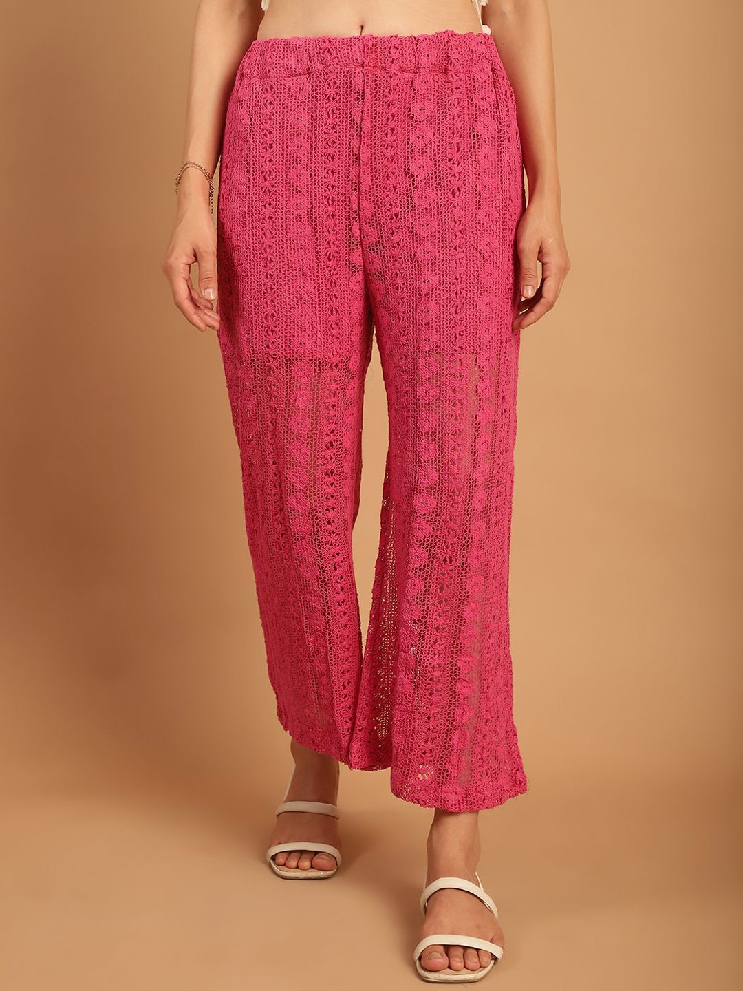 

TAG 7 Women Self Design Relaxed Straight Leg Mid-Rise Cotton Crotchet Parallel Trousers, Pink