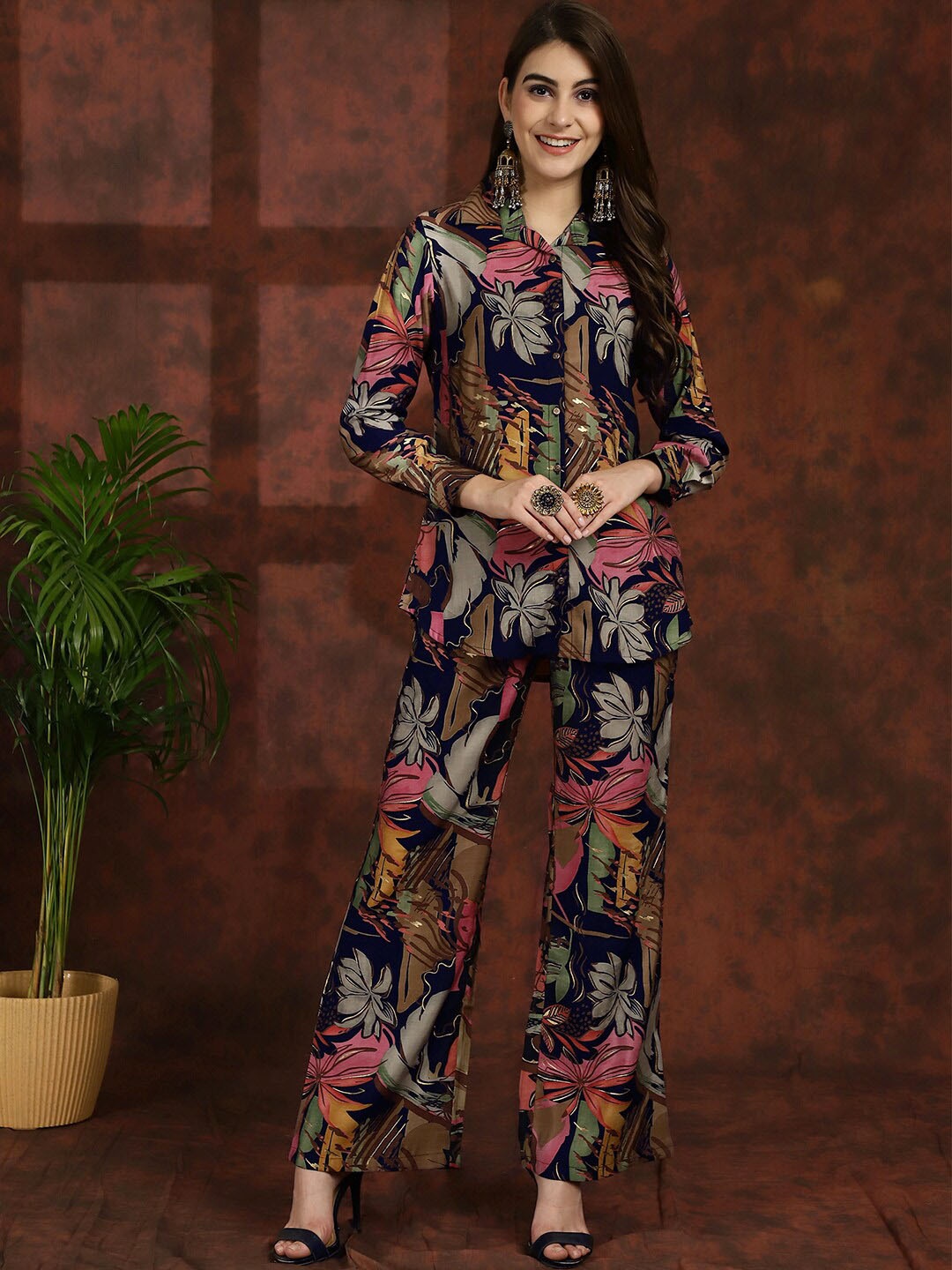 

CLAURA Navy Blue Floral Printed Spread Collar Chanderi Silk Shirt With Tousers