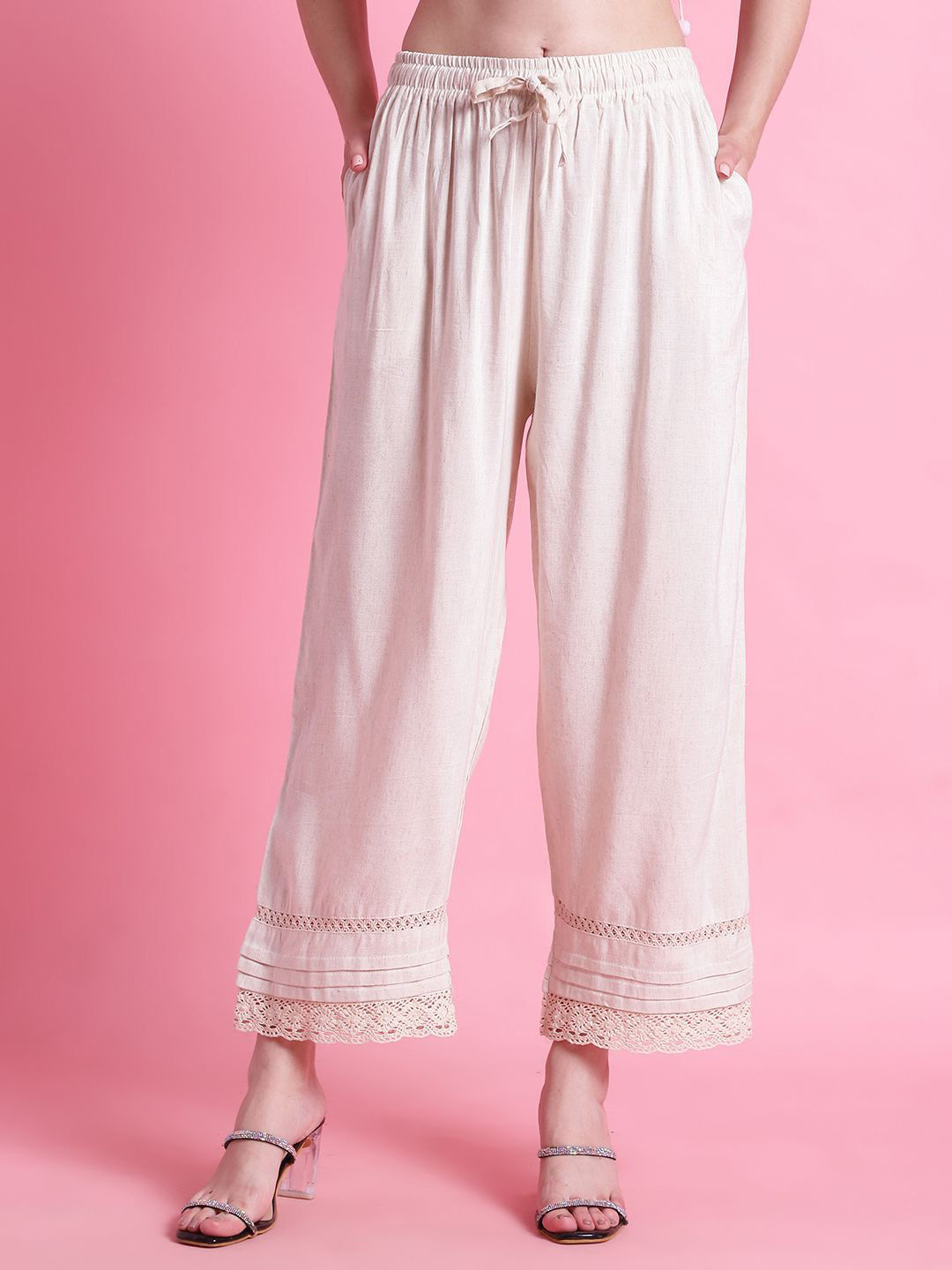 

TAG 7 Women Floral Hem Design Cotton Ethnic Palazzos, Cream