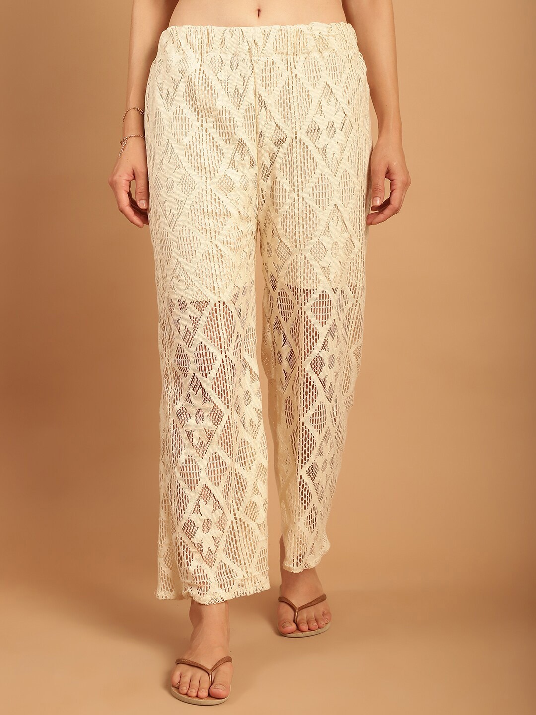 

TAG 7 Women Wide Leg Cotton Crotchet Palazzos, Cream