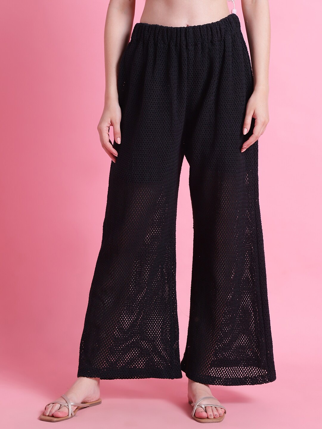 

TAG 7 Women Knitted Crochet Wide Leg Palazzos, Black