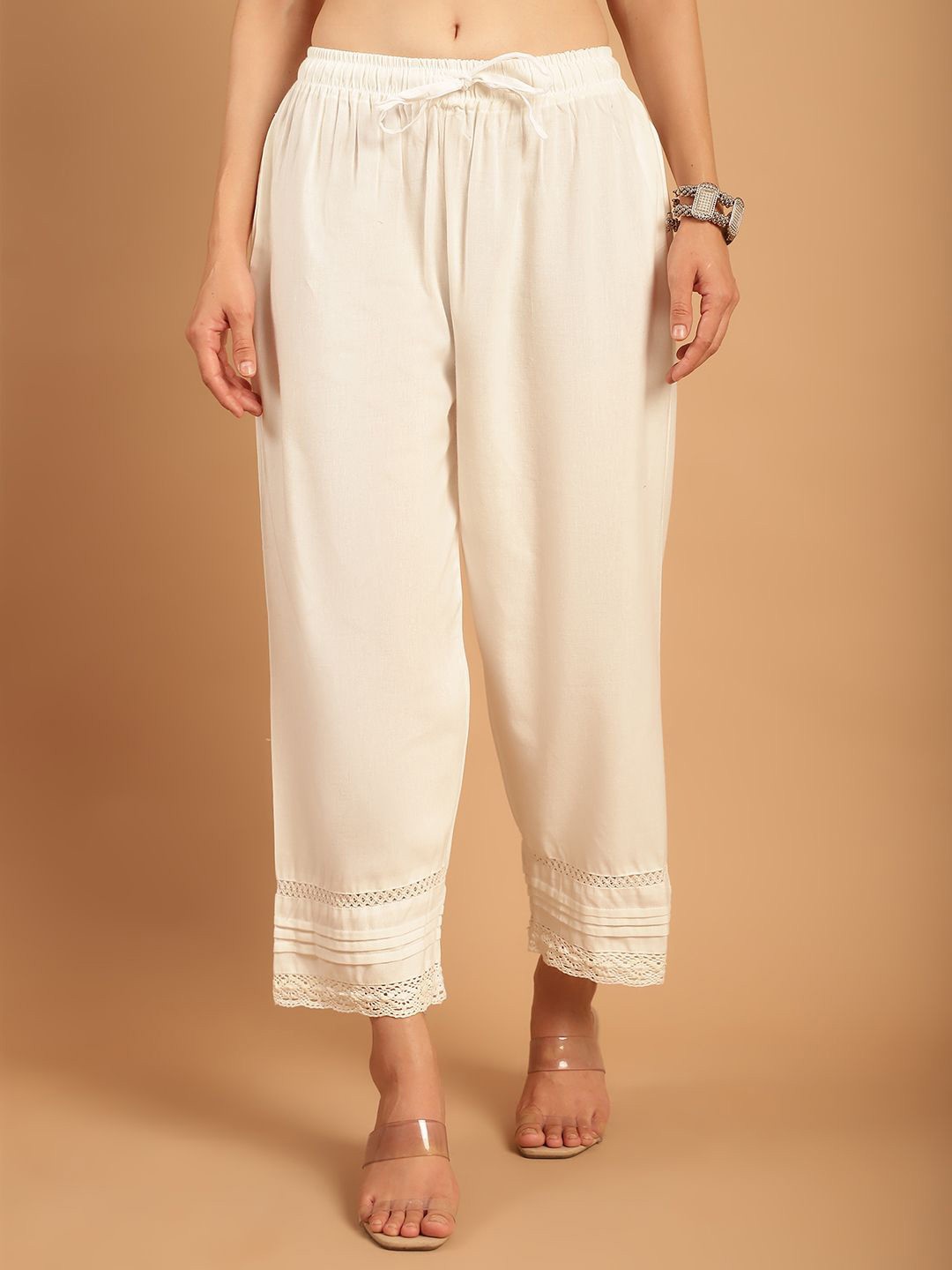 

TAG 7 Geometric Embroidered Palazzos, White