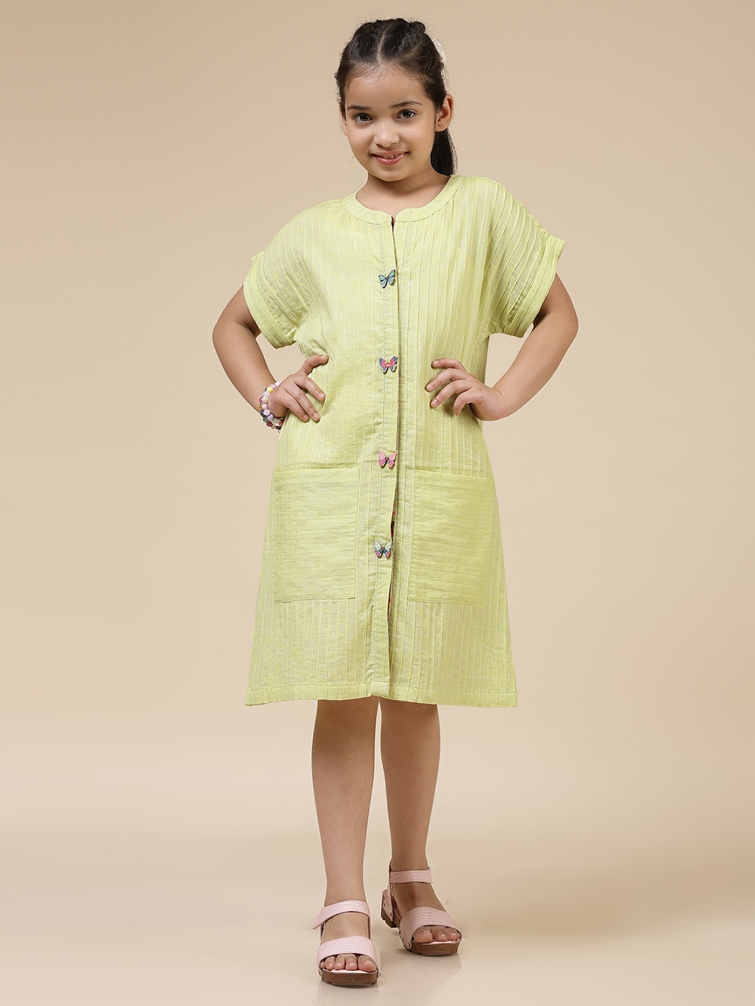 

BAESD Girls Round Neck Short Extended Sleeves Cotton A-Line Dress, Yellow