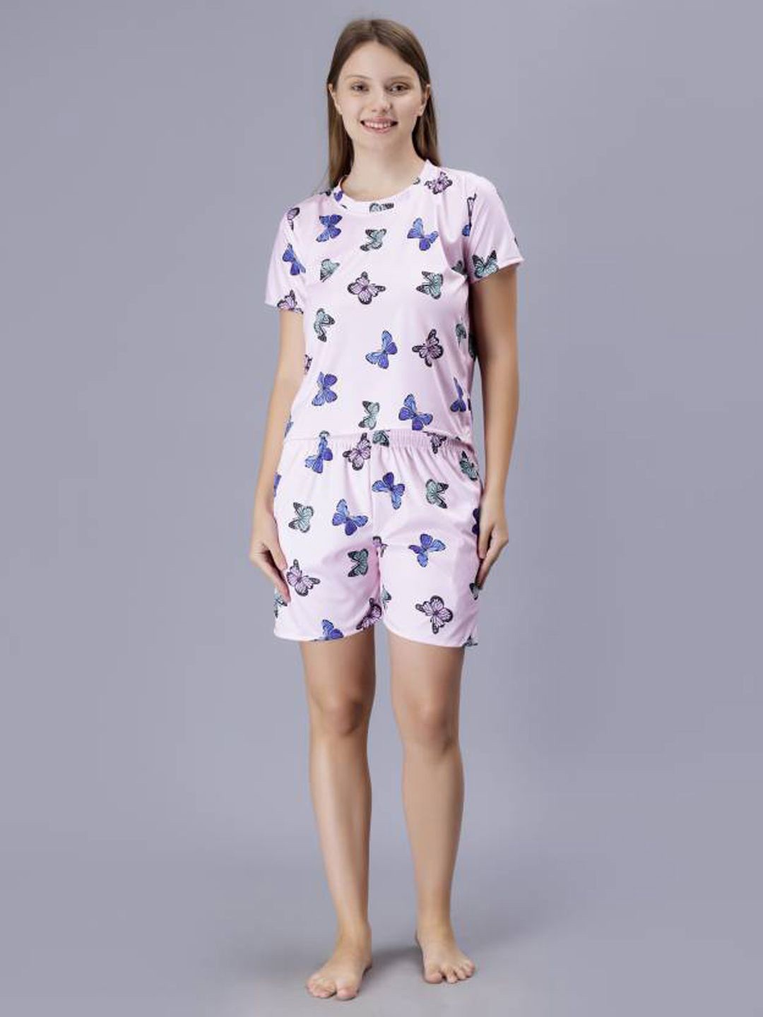 

Xivir Conversational Printed Satin Night suit, Pink