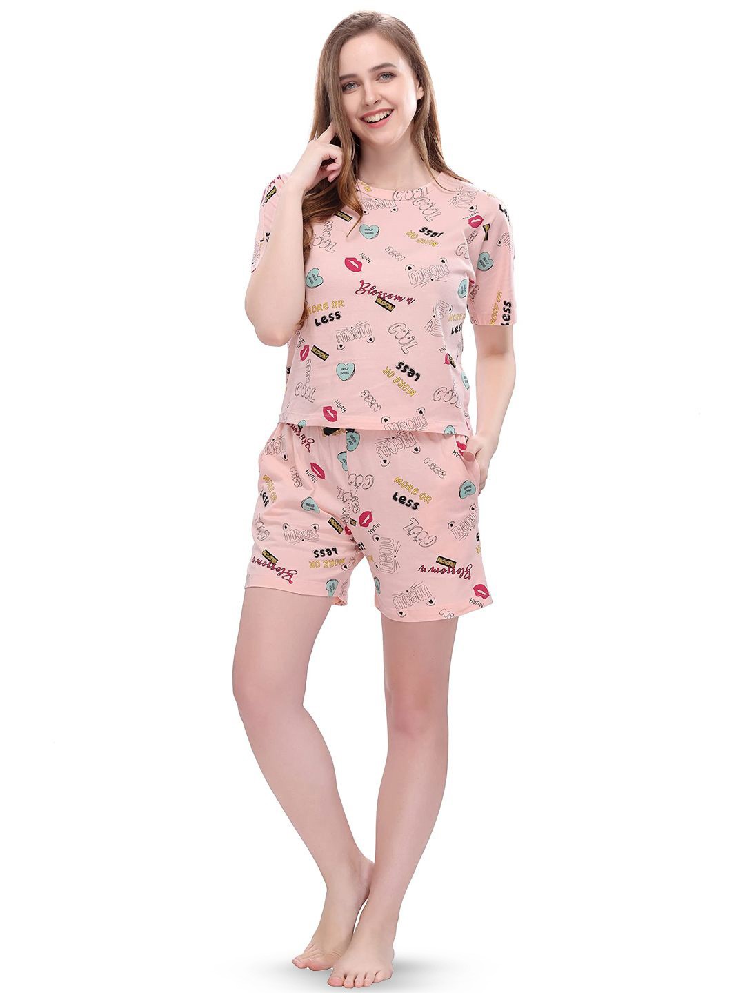 

Xivir Conversational Printed Satin Night suit, Peach