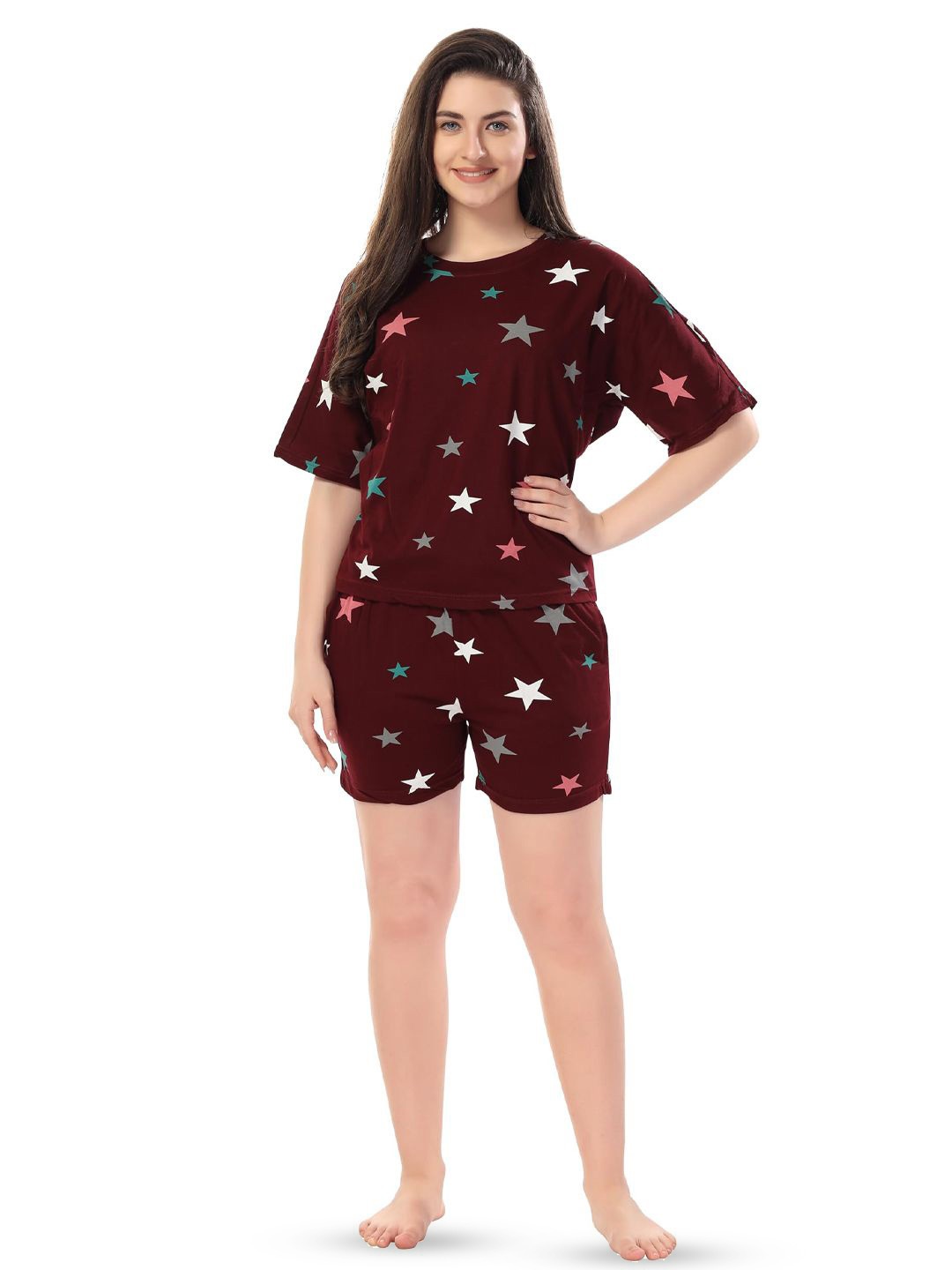 

Xivir Conversational Printed Satin Night suit, Brown
