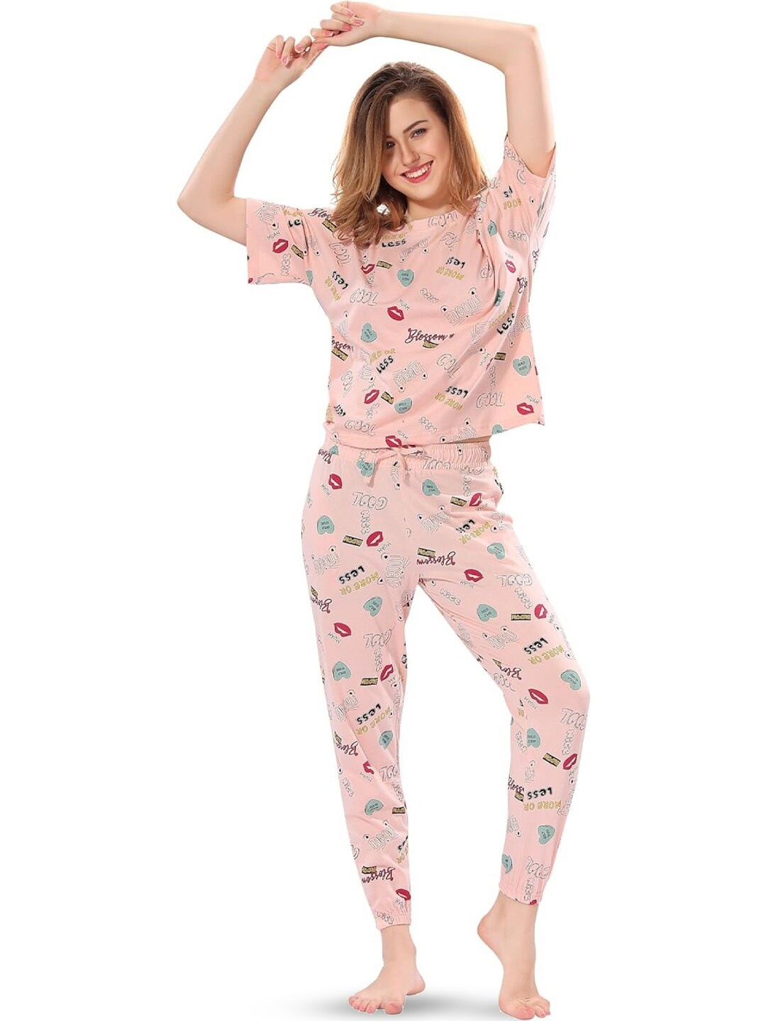 

Xivir Conversational Printed Satin Night Suit, Peach