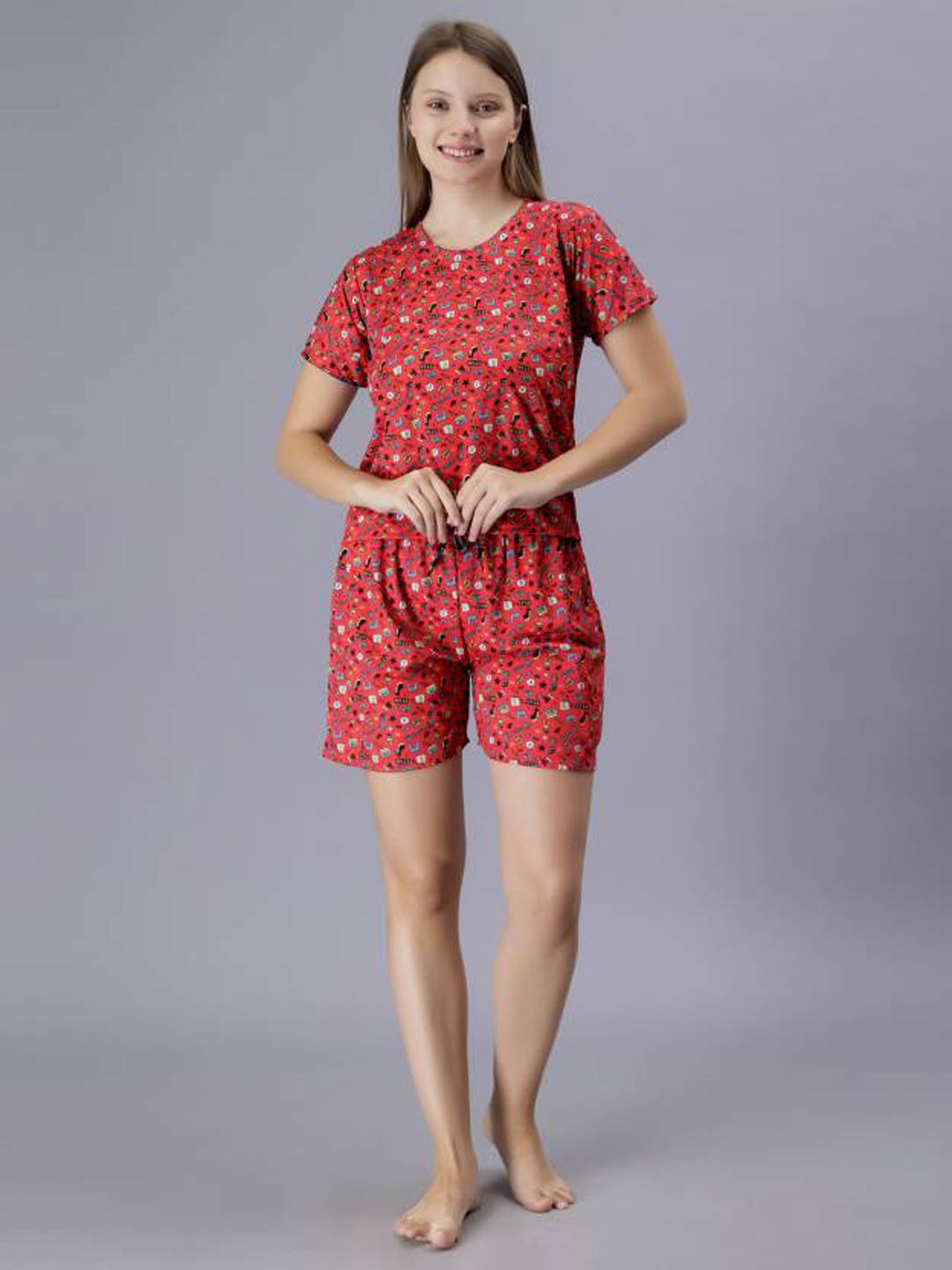 

Xivir Conversational Printed Satin Night suit, Red