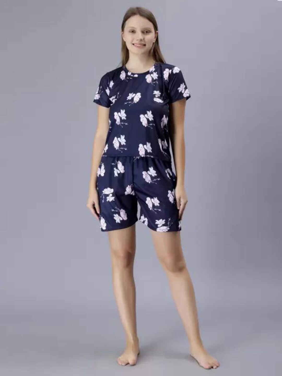 

Xivir Conversational Printed Satin Night suit, Navy blue