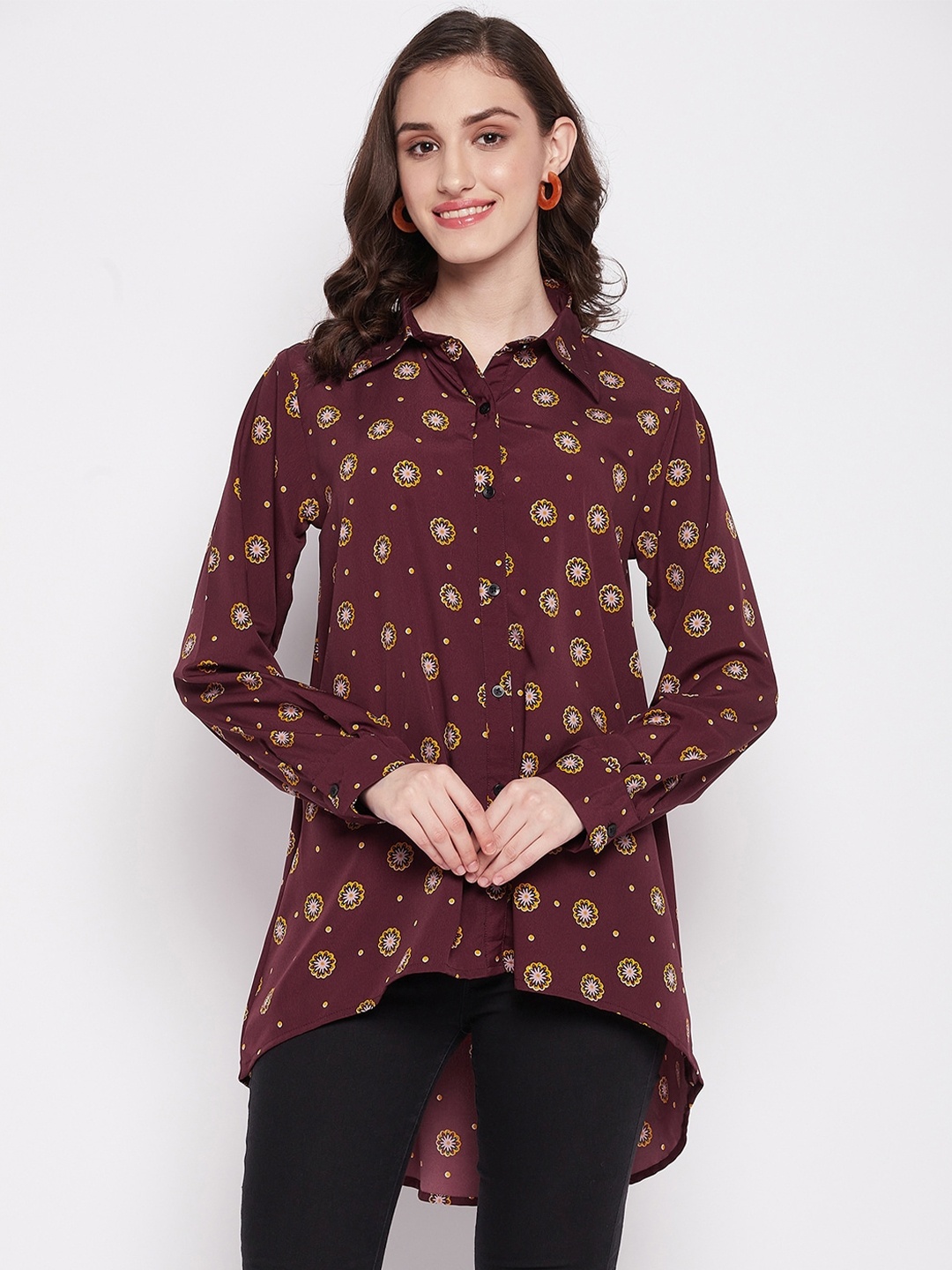 

Fashfun Classic Floral Printed Longline High-Low Casual Shirt, Maroon