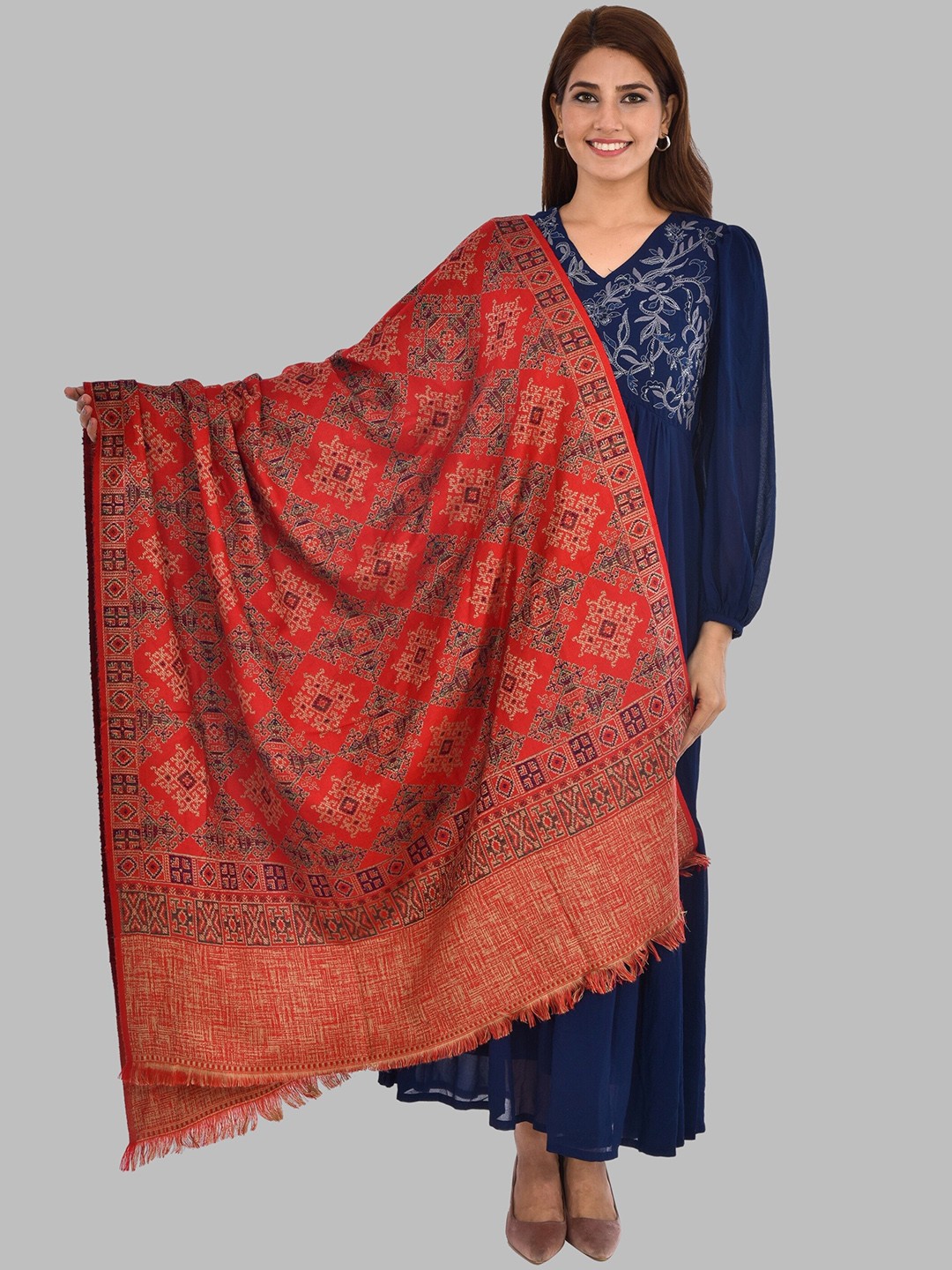 

BAISA Ethnic Motifs Woven Design Woollen Shawl, Red