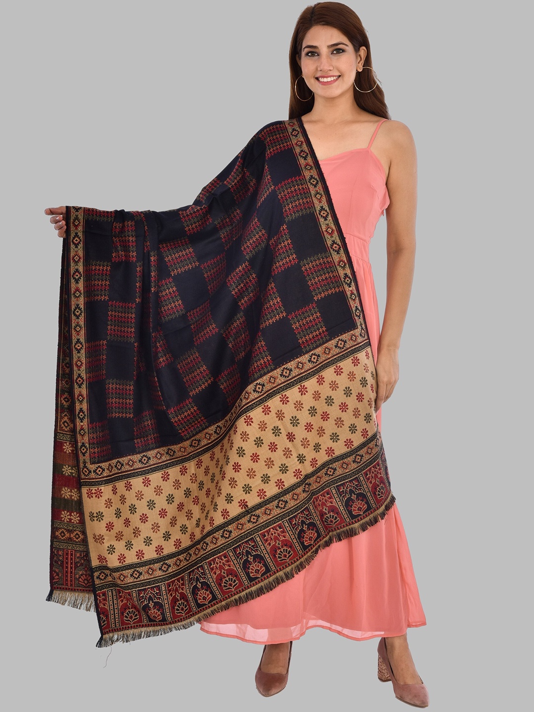 

BAISA Geometric Woven Design Woolen Shawl, Navy blue
