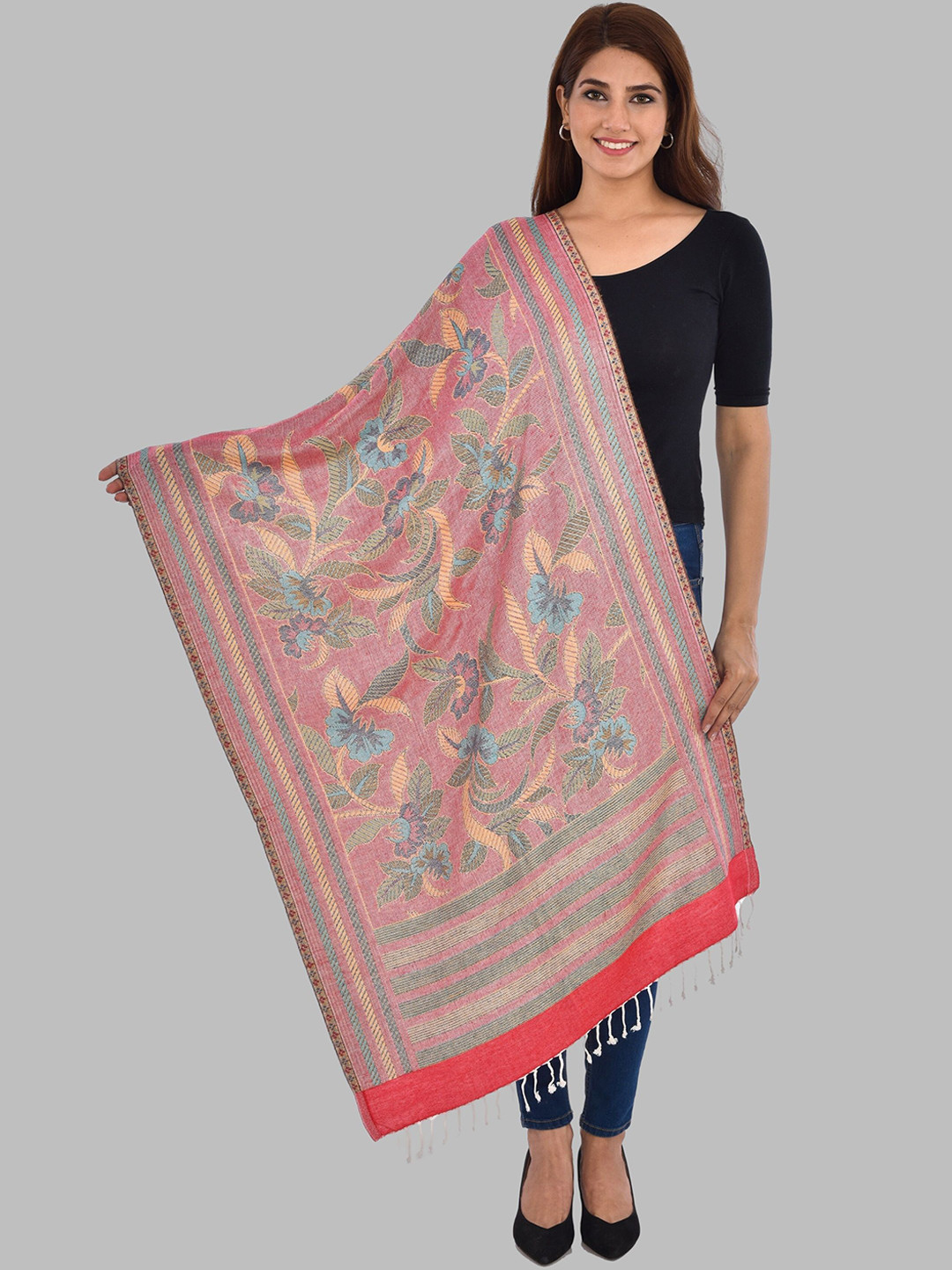 

BAISA Floral Woven Design Woollen Shawl, Pink