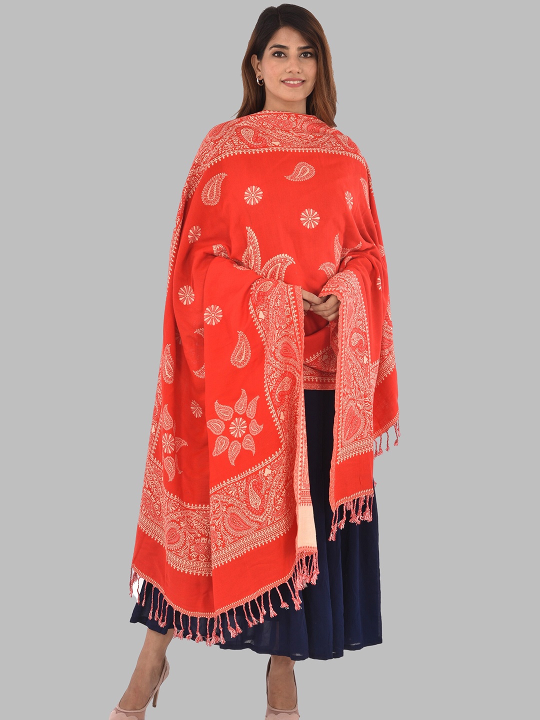 

BAISA Women Ethnic Motifs Woven Design Shawl, Red