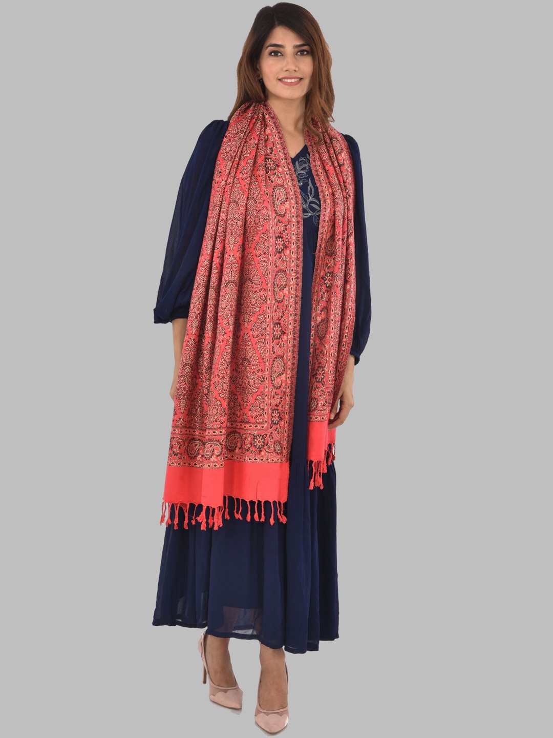 

BAISA Women Ethnic Motifs Woven Design Woollen Shawl, Pink