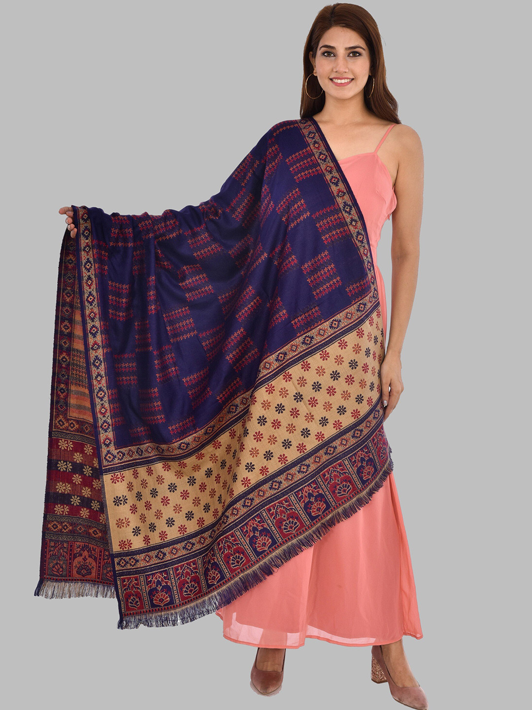 

BAISA Ethnic Motifs Woven Design Woollen Shawl, Navy blue